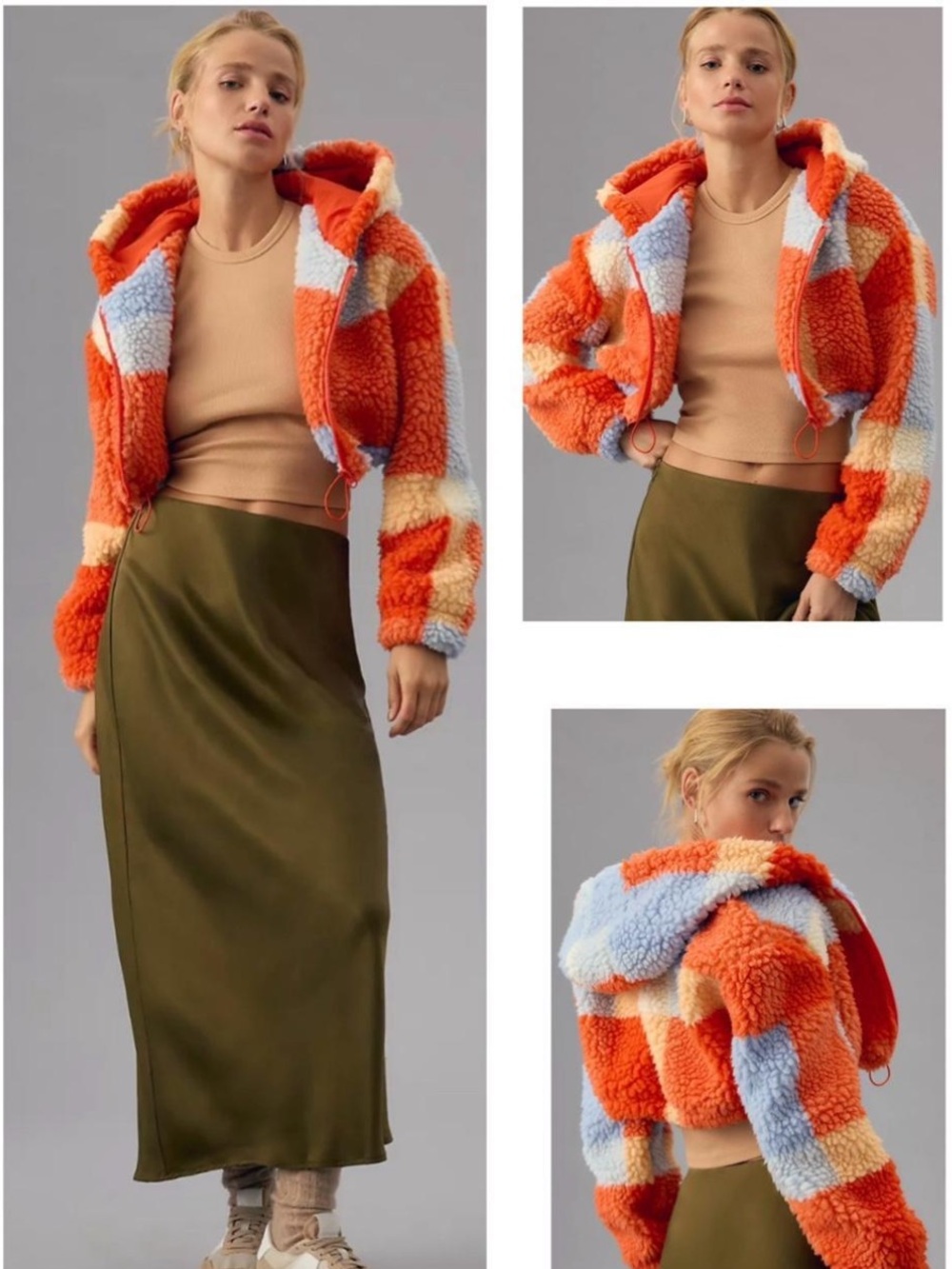 Daily Practice Anthropologie Plaid Sherpa Hooded Cropped Jacket Size Medium
